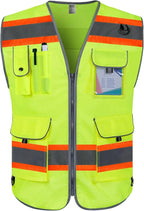 TCCFCCT High Visibility Vest 9 Pockets Hi Vis Reflective Safety Vest for Men Women, Surveyor Work Vest with Fluorescent Orange Extend Edge, Durable, Breathable, Meets ANSI/ISEA, (DB-Yellow, Small)