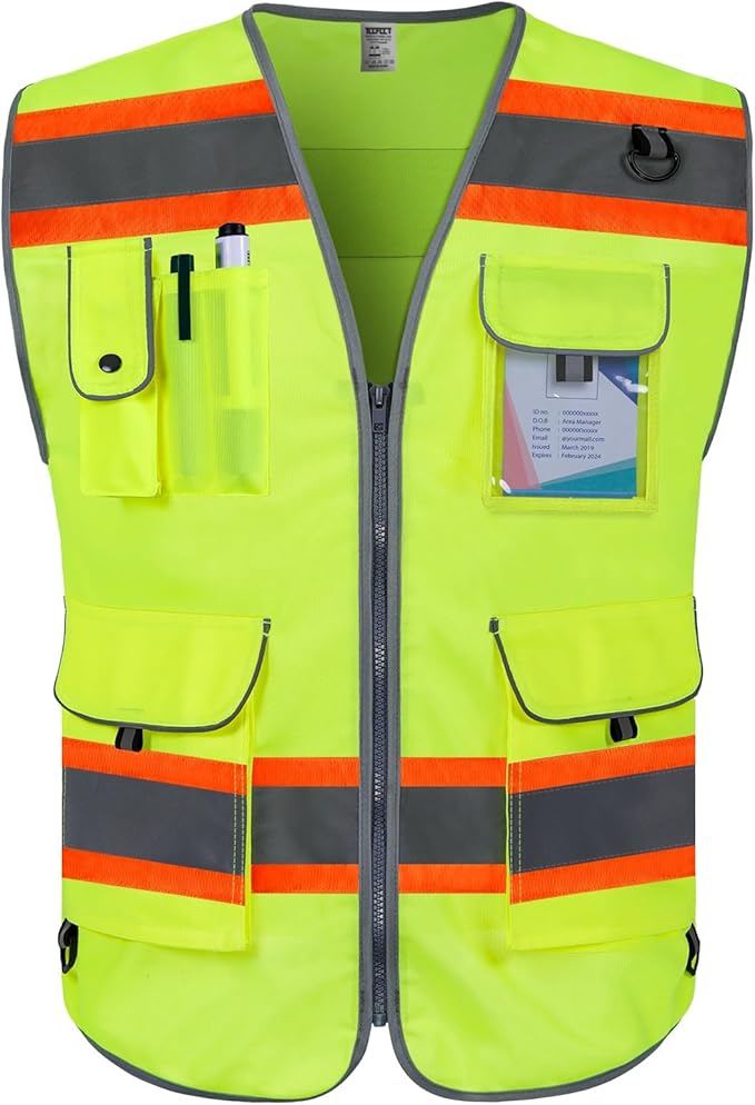 TCCFCCT High Visibility Vest 9 Pockets Hi Vis Reflective Safety Vest for Men Women, Surveyor Work Vest with Fluorescent Orange Extend Edge, Durable, Breathable, Meets ANSI/ISEA, (DB-Yellow, Small)
