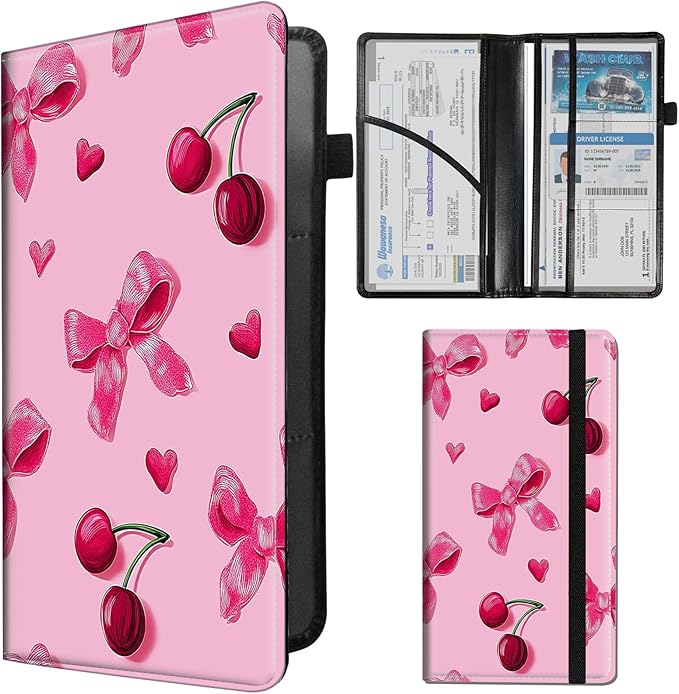 Car Registration and Insurance Card Holder - Pink Bows Cherries Leather Document Organizer & Bifold wallet for License, Insurance Cards | Fits Vehicle Glove Box & Visor