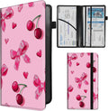 Car Registration and Insurance Card Holder - Pink Bows Cherries Leather Document Organizer & Bifold wallet for License, Insurance Cards | Fits Vehicle Glove Box & Visor