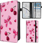 Car Registration and Insurance Card Holder - Pink Bows Cherries Leather Document Organizer & Bifold wallet for License, Insurance Cards | Fits Vehicle Glove Box & Visor