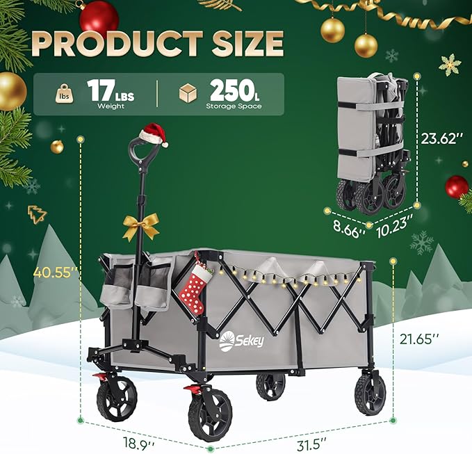 Sekey Collapsible Foldable Wagon with 330lbs Weight Capacity, Heavy Duty Folding Wagon Cart with Big All-Terrain Wheels & Drink Holders. Gray