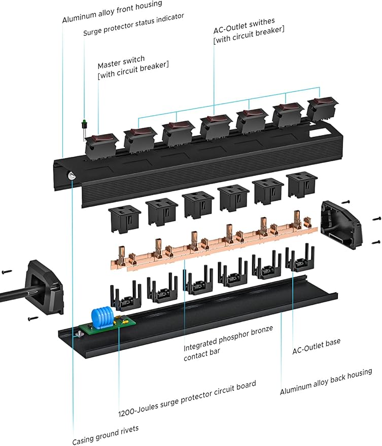 CRST 6 Outlet Metal Power Strip with Individual Switches, Mountable Surge Protector Power Strip for Garage Workshop School Home. 15A Circuit Breaker, 1875W, 1200 Joules, 6FT Extension Cord