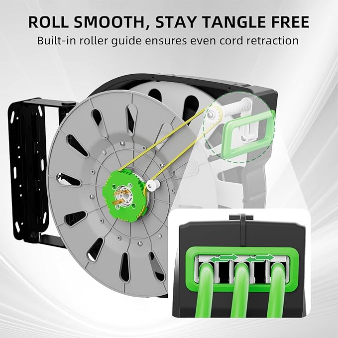 80FT Retractable Extension Cord Reel, 14 AWG/3C SJTOW Heavy Duty Power Cord with Lighted Triple Outlet, 13A Circuit Breaker, 180° Swivel Wall/Ceiling Mount Retractable Cord Reel, ETL Listed, Green
