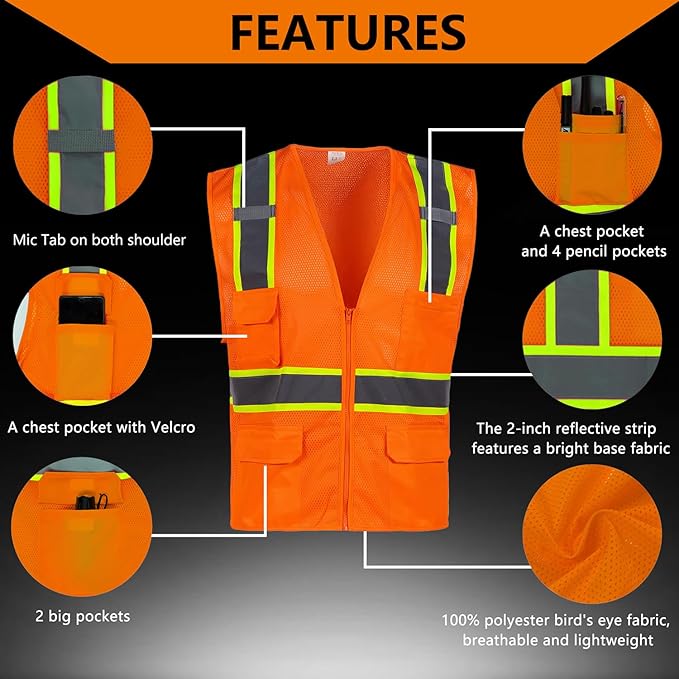 FONIRRA 3 Pack Hi Vis Safety Vest for Men with 8 Pockets,Hi Vis Reflective Mesh Vest for Men for Construction
