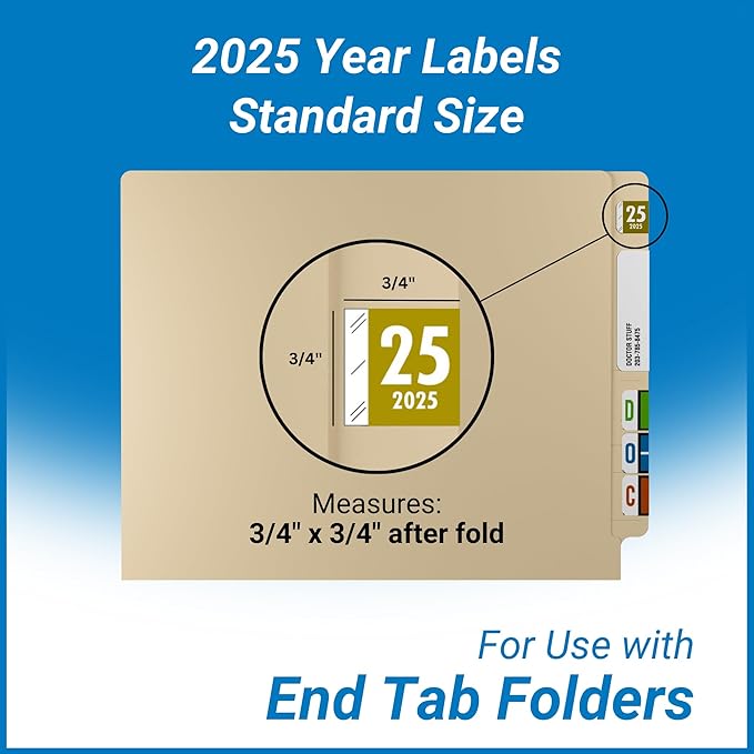 2025 Year Labels, Doctor Stuff 2025 Chart Stickers, Gold Color Coded, Tabbies 11700 Style, USA Made Year Stickers for End Tab File Folders, 1000/Roll, 1 Roll, 3/4" x 1-1/2"