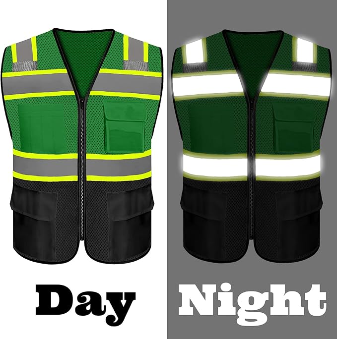 Safety Vest Reflective High Visibility with 5 Pockets ＆Zipper Class 2 Adult Unisex Construction Security Workwear