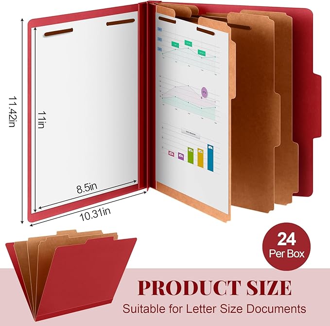 Skyygemm 24 Pcs Classification Folders Letter Size, 3 Divider Pressboard File Folder with Fasteners, Expanding File Organizer Bulk for Teachers, Clergy, Office, Church, Christmas Donations (Red)