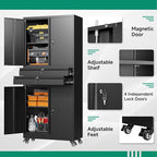 Letaya Metal Garage Storage Cabinet with Wheels,Rolling Tool Cabinet with 4 Door Lock-Adjustable Shelves and 2 Drawer for Garage Home Office Utility Room (Black with Wheels)