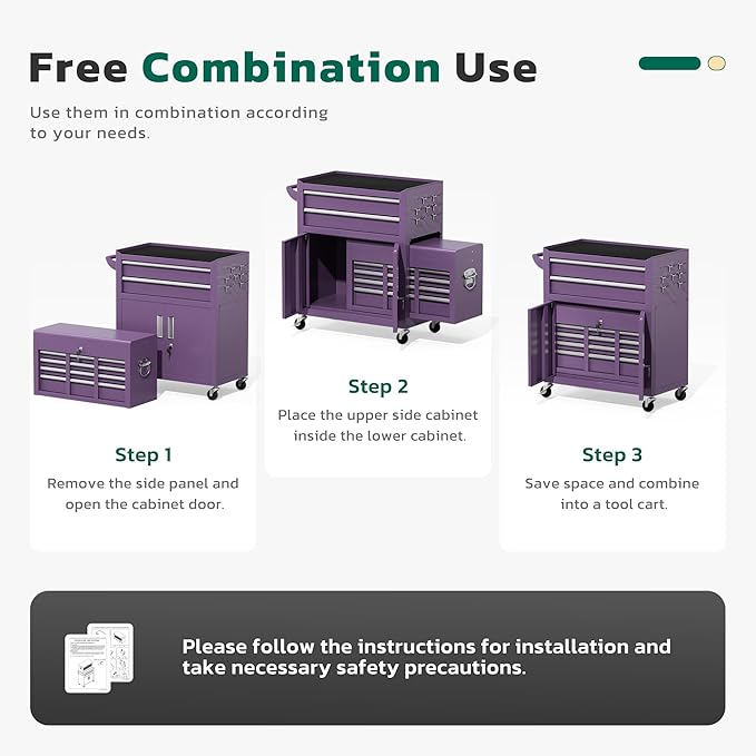 Greenvelly 8-Drawer Rolling Tool Chest, Metal Tool Chest with Wheels, Tool Cabinet with Detachable Top Tool Box, Metal Tool Cart with Liner & Hooks for Garage, Workshop, Warehouse (Purple)