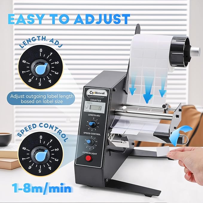 CGOLDENWALL Automatic Label Dispenser Sticker Roll Dispenser for Logistics Office Home, 1-8m/min Speed Adjustable, Length 0.12-5.9" Width 0.16-5.5", Auto Sensing&Counting, Max Roll Dia. 9.8"
