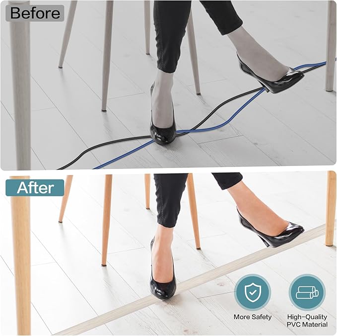 Floor Cord Cover Self Adhesive Cord Hider Floor Extension Cord Covers for Floor Power Cord Protector Cable Management Prevent Cable Trips Cable Cavity 0.51" W x 0.31" H (Beige Wood, 10Ft)