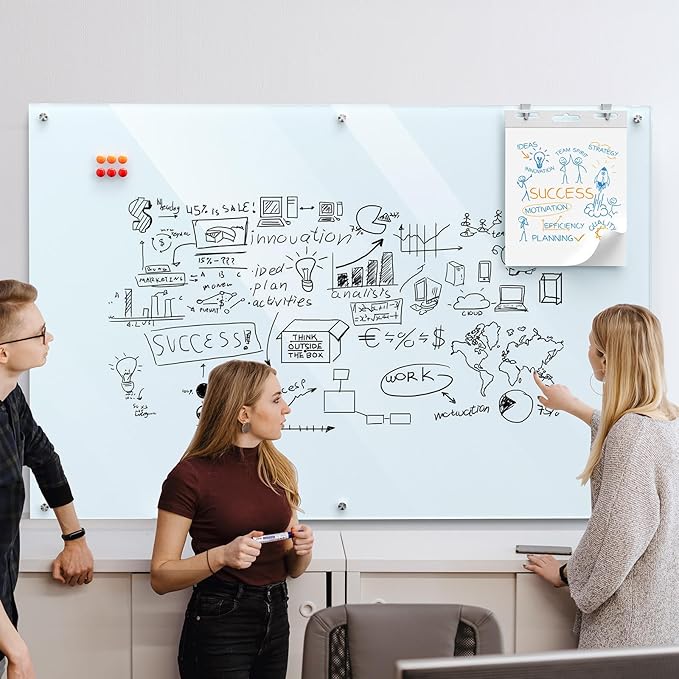 MaxGear Glass Whiteboard 72" x 48"(6' x 4') Wall Mounted, Magnetic White Board with 1 Eraser, 1 Accessory Tray, 4 Markers and 6 Magnets, Extra Large Frameless Dry Erase Board for Office, School, Home