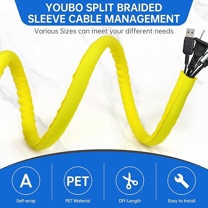 Split Braided Cable Sleeve，Flexible Wire Loom Tubing, Automotive Cord Protector Pet Proof, Cable Management for Computer TV Electric Wires Harness 16ft (Yellow, 10mm（3/8")