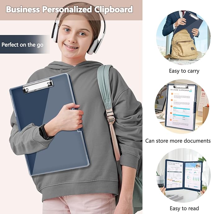 Clipboard with Storage,Heavy Duty Clip Boards 8.5x11 with 2 Storage Case,Clear Visible Top Panel Storage Clipboards,Side Opening Clip Boards,Nursing Clipboard Folder Case for Office Supplies-Grey Blue