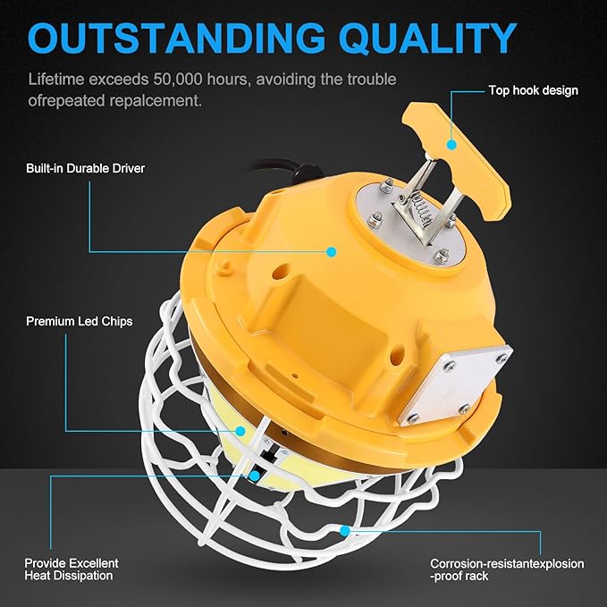 LED Temporary Work Light 250W 37500LM 5000K Daylight White High Bay led Construction Light with Hook Portable Linkable Durable LED Job Site Lighting for Damp Location Indoor Outdoor Area Lighting