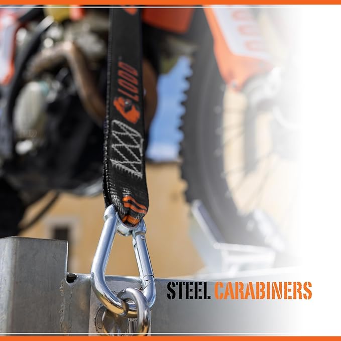 LODD - Motorcycle Tie Down Straps with Heavy-Duty Buckles, Fur Protection, Steel Carabiner, Reinforced Buckle | 2,400 lbs, 1.5" | Trailer Securing for Dirt Bike, Enduro, Trial, Quad, Trail