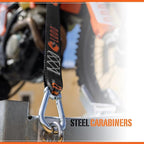 LODD - Motorcycle Tie Down Straps with Heavy-Duty Buckles, Fur Protection, Steel Carabiner, Reinforced Buckle | 2,400 lbs, 1.5" | Trailer Securing for Dirt Bike, Enduro, Trial, Quad, Trail