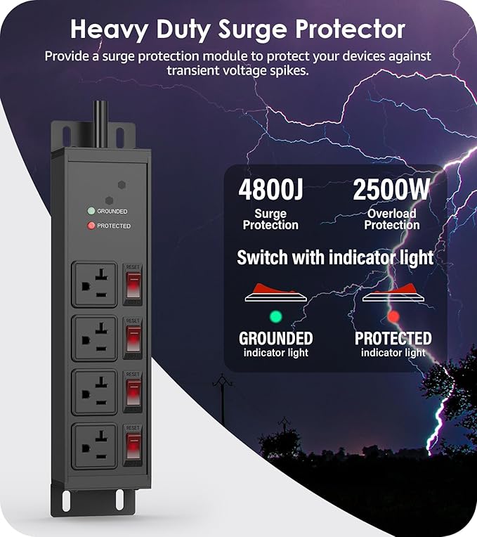 CCCEI Heavy Duty Surge Protector Power Strip 20 Amp Individual Switches. 20FT 12 Gauge Extension Cord with Multiple Outlets. Kitchen, Garage, Shop, Industrial Wall Mount Electric Extender, Black.