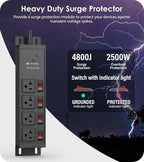 CCCEI Heavy Duty Surge Protector Power Strip 20 Amp Individual Switches. 15FT 12 Gauge Extension Cord with Multiple Outlets. Kitchen, Garage, Shop, Industrial Wall Mount Electric Extender, Black.