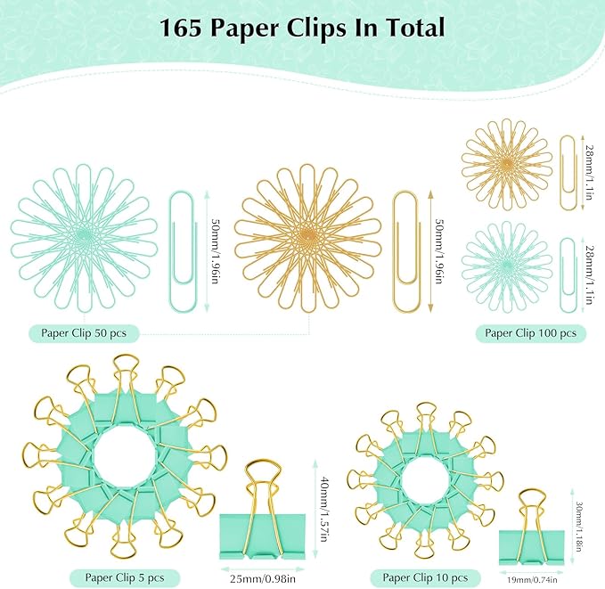 Cute Paper Clips Binder Clips Combo Set, 165 Psc, Assorted Size Paper Clips for Office, Cute Office Supplies Set, Green