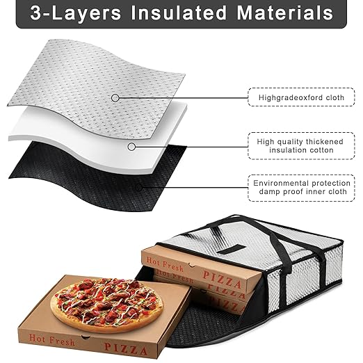 Pizza Bags for Delivery 18" X 18" X 5" - Moisture-Free, Professional Thermal Pizza Warmer, Heavy-Duty Food Carrier, Suitable for Restaurants,Picnic Uber Eats & Door Dash（ Silver）