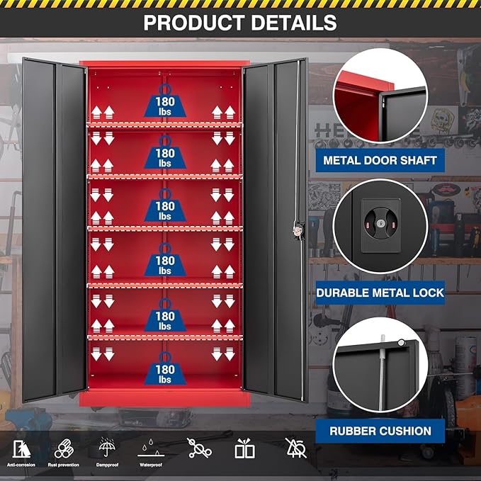 Metal Storage Cabinet-72” Tall Steel File Cabinets with Lockable Doors and Adjustable Shelves-Black&Red Steel Storage Cabinet for Kitchen, Office, Garage