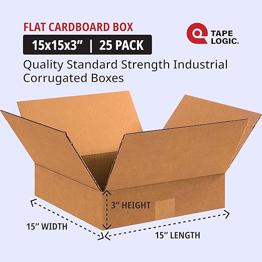 TAPE LOGIC 15 x 15 x 3 Corrugated Cardboard Boxes, Flat 15"L x 15"W x 3"H, Pack of 25 | Shipping, Packaging, Moving, Storage Box for Home or Business, Strong Wholesale Bulk Boxes