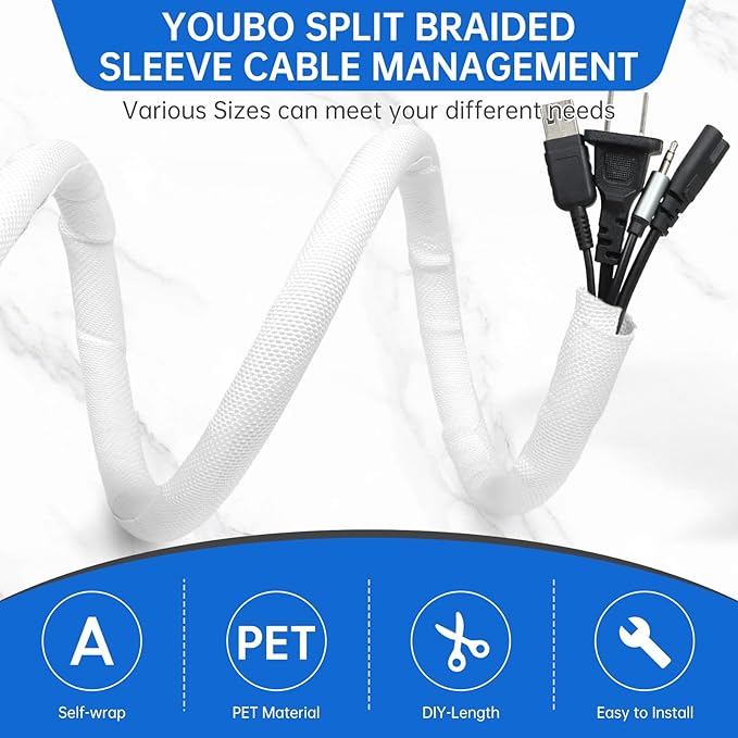 Split Braided Cable Sleeve，Flexible Wire Loom Tubing, Automotive Cord Protector Pet Proof, Cable Management for Computer TV Electric Wires Harness 16ft (White, 8mm（5/16")