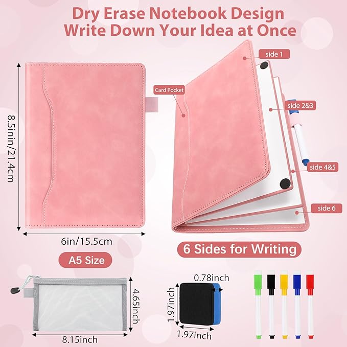 Feifeiya 6 Sides Whiteboard Notebook Portable Whiteboard Dry Erase Notebook Portable Dry Erase Board Double Sided Folding Whiteboards White Board for Office Study Meeting(Pink,A5: 6"×9”)