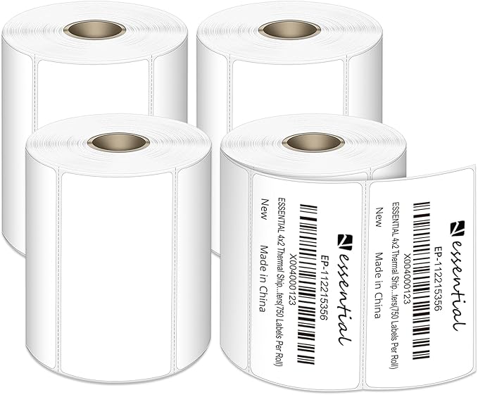 4"X2" Direct Thermal Barcode Labels, Shipping Labels, 750 Tags of Roll, Compatible with Zebra Printers (4 Roll-3000 Tags)