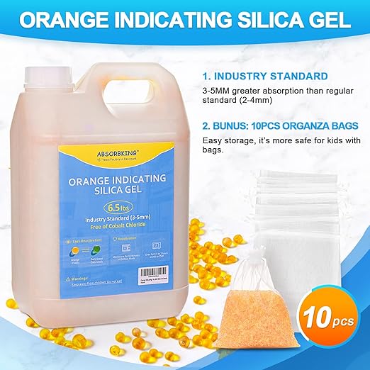 Desiccant Beads – 6.5 LBS Silica Beads with Orange Indicating Silica Gel, Premium Silica Gel Beads 3-5mm Industry Standard, Rechargeable Desiccant Used for 3D Filament, Electronic Tool, Safe