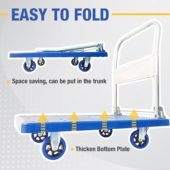 Foldable Push Cart Dolly 660 lbs, Capacity Heavy Duty Moving Platform Trucks Hand Cart with 360° Swivel Wheels for Home Garden Warehouse Garage Workshops