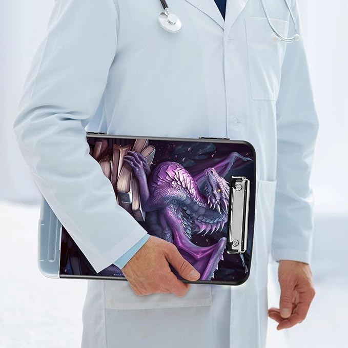 Clipboard with Storage Compartment, 8.5 x 11 Letter Size Side Opening Clip Board with Pen Holder, Hard Portable Clipboard Organizer for Nurse, Teacher, Contractor, Jobsite, Purple Dragon Book