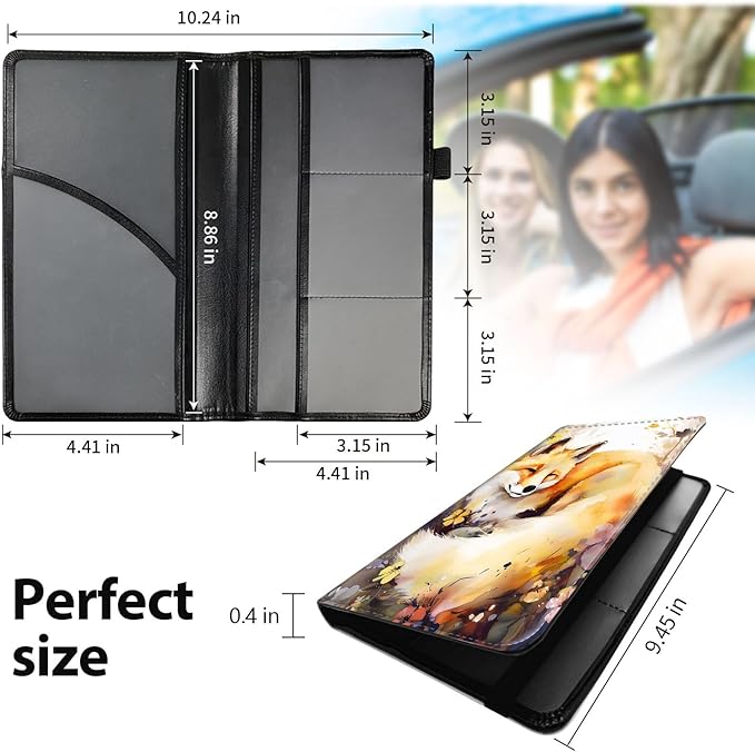 Car Registration and Insurance Holder, Leather Car Glove Box Organizer, Cool Car Accessories for ID, Driver's License Cards & Essential Document,business cards,Men&Women,Watercolor Foxs