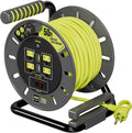 Masterplug 50ft Cord Reel, Retractable Extension Lead with Winding Handle, Safety Overload Circuit Breaker and Power Switch, 4X Grounded Outlets, 2X USB Ports, 13amps, 14AWG Cable