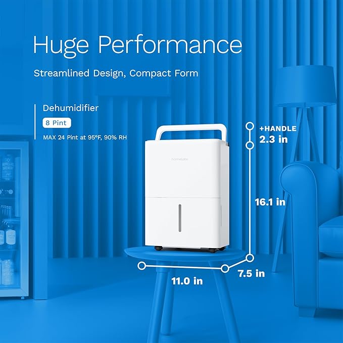 hOmeLabs Dehumidifier - Advanced Humidity & Moisture Control, Quiet, Efficient, Auto Shut-off, Ideal for Home, Basement, Office - 1,800 Sq Ft Wi-Fi (8 Pint MAX 24 Pint at 95°F, 90% RH)
