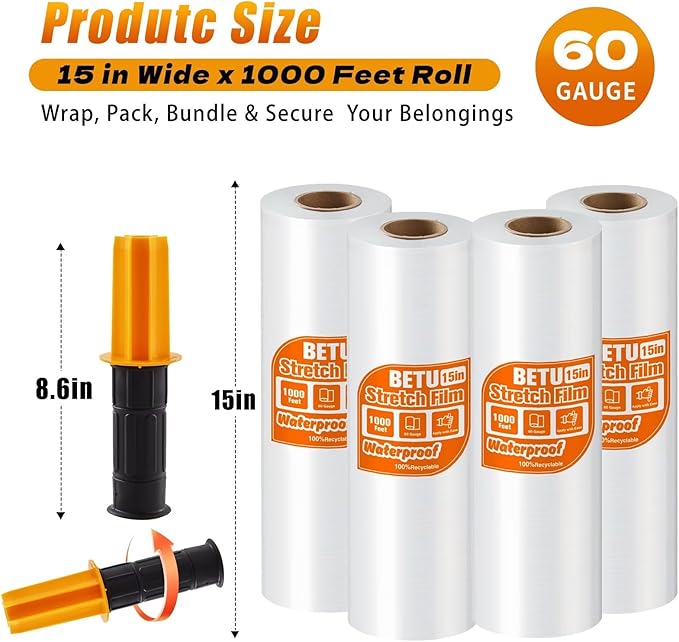 Stretch Film Shrink Wrap for Moving Supplies (15inch, 4 Pack) x 1000ft, Industrial Strength Plastic Wrap Stretch Roll for Pallet Wrapping Shipping Moving Boxes Storage Furniture with Handles, Clear