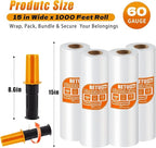 Stretch Film Shrink Wrap for Moving Supplies (15inch, 4 Pack) x 1000ft, Industrial Strength Plastic Wrap Stretch Roll for Pallet Wrapping Shipping Moving Boxes Storage Furniture with Handles, Clear
