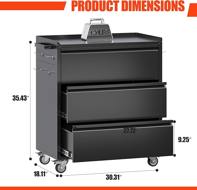 Aobabo Tool Storage Garage Cabinet with Wheels, 3 Drawer Tool Chest Rolling Metal Storage Cabinet on Wheels, Assembly Required, Black