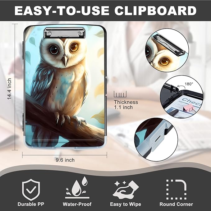 Clipboard with Storage,Storage Clipboard with Pen Holder,Heavy Duty Plastic Storage Clipboard with Low Profile Clip, Clipboard Folder, Teacher Must Haves, Office Supplies,owl on Branch