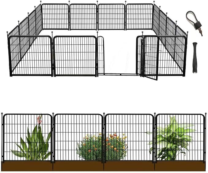 24 in(H) Decorative Garden Fence with Gate,16 Panels Total 31.4 Ft(L) Heavy Duty Iron Animal Barrier Fence for Yard,Suitable for Indoor Pet Or Outdoor Dog Fencing, Garden Border Fence