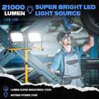 21000 Lumen Work Lights with Stand, 3 Adjustable Head LED Work Light, with Adjustable and Foldable Tripod Stand, Waterproof Lamp with Individual Switch with 6500 Kelvin Color (2-Head-Yellow)