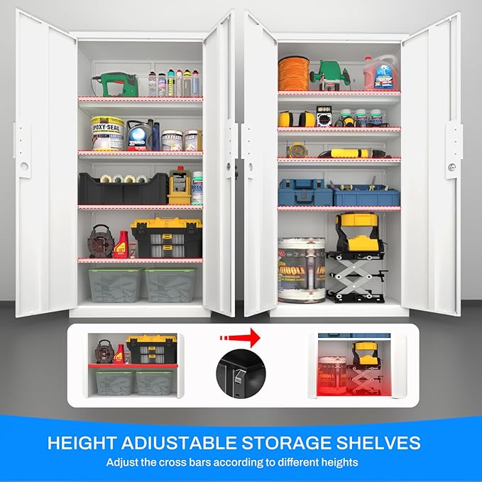Metal Garage Storage Cabinet with Lock, 71" Tall Steel Storage Locker with 4 Adjustable Shelves, Heavy Duty Metal Cabinet for Garage, Office, Home, 31.5”W × 16.5”D, White