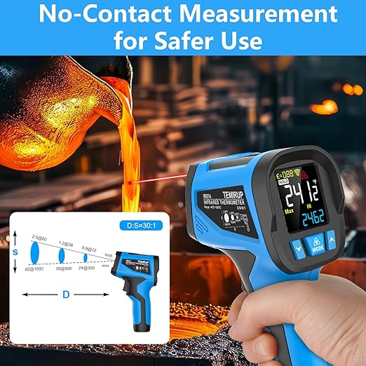 Infrared Thermometer Temperature Gun, Non-Contact High Temp Thermometer with Probe, 30:1 Laser Pyrometer with Color LCD for Cooking, Engine, Kiln, Forging, HVAC & Industrial, -40℉ to 2462℉