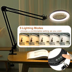 VEEMAGNI 5 Inch Large Magnifying Glass with Light and Stand, 5 Color Modes Stepless Dimmable, 2*16 Inch Swivel Arm LED Clamp Desk Lamp, Hands Free 12X Lighted Magnifier for Close Work Crafts Soldering