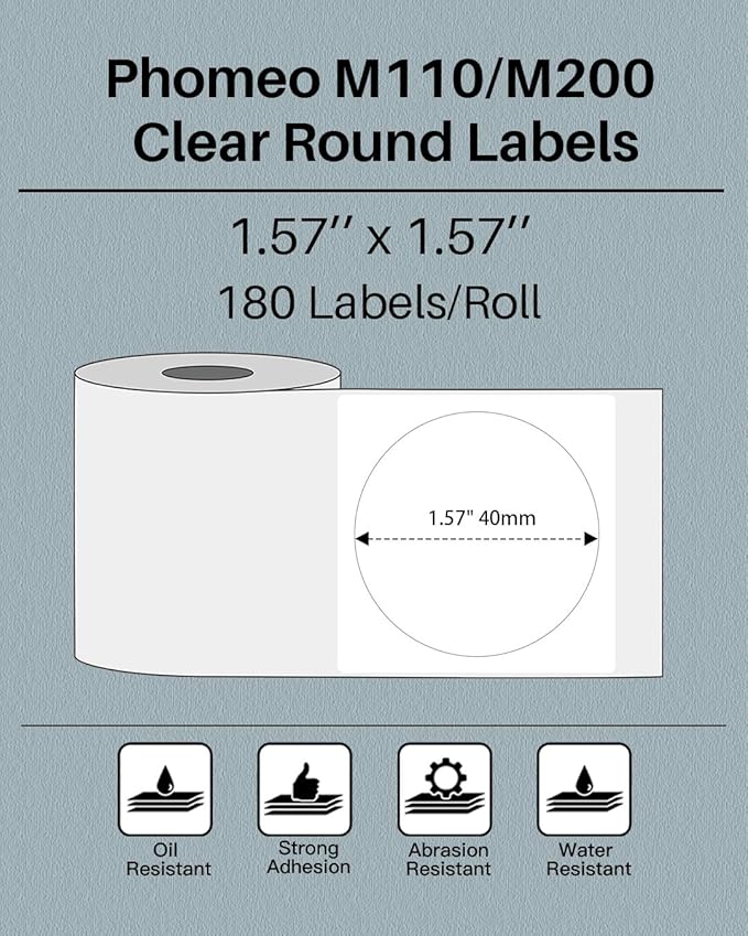 Phomemo Clear Circle Label for M110/M221/M220/M210/M200-1.57"x 1.57" (40x40mm) Transparent Paper for Barcode, Product Tag, Logo Printing