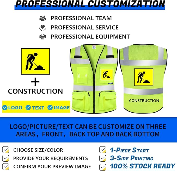 BeautyWill Custom Logo 10 Pack Safety Vest Mesh High Visibility Reflective Vest Customized Logo Utility Zipped Pockets Construction Workwear （Yellow,4XL）