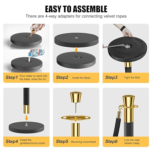 kaiyomi 8Pcs Stanchions with Black Velvet Ropes Set, 5 Feet Velvet Ropes and Posts Poles for Red Carpet Party Decoration and 360° Photo Booth (Golden & Black)