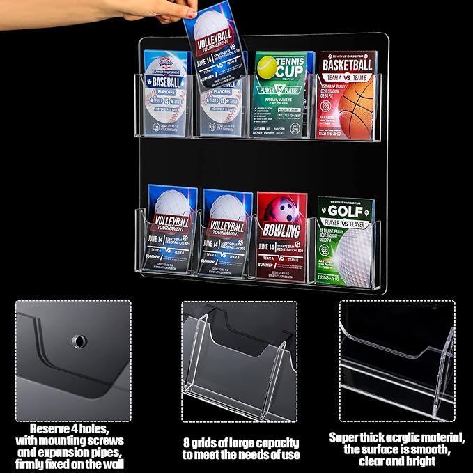 Eersida Acrylic Brochure Pamphlet Holder Brochure Display Stand Business Tri Fold Multi Slot Holder Rack Wall Mount Clear Pocket Space Saver for Flyer Literature Menu Advertise